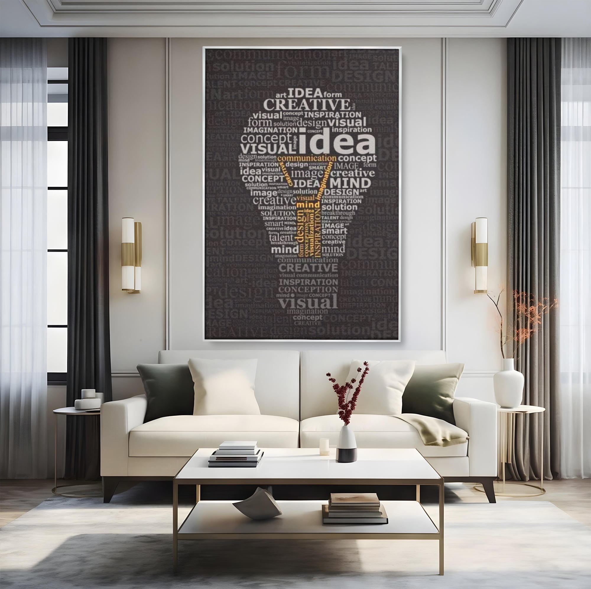 Tablou canvas cu tablou canvas cu silueta de bec formata din cuvinte, in rama de aluminiu argintiu, pe perete intr-un living